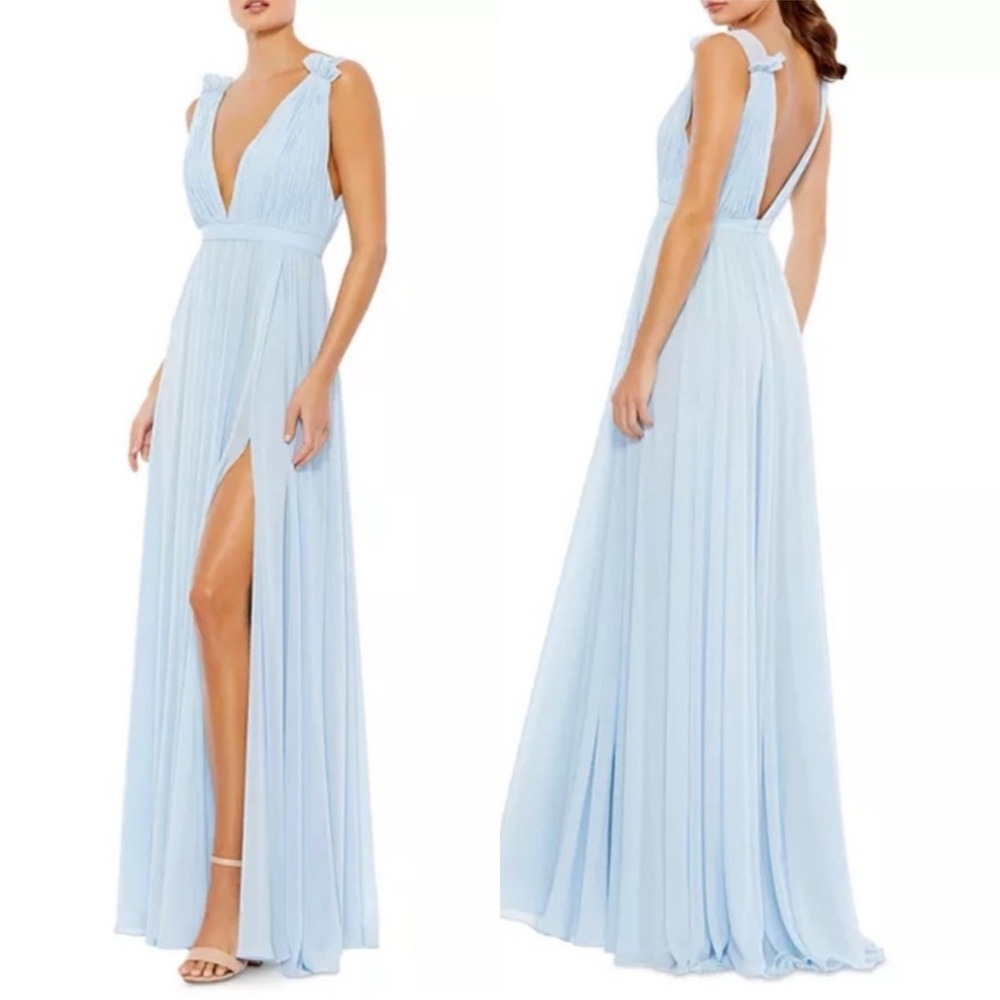 Mac Duggal IEENA Chiffon Plunge Neck Gown in Powder Blue, Size 12 New w/Tag $258